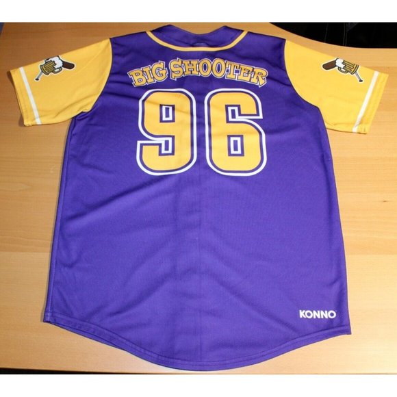 Brew Crew Big Shooter Baseball #96 Button Jersey Adult Mens XL Purple Yellow - Picture 5 of 6